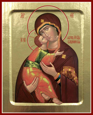 купить - Икона Пресвятой Богородицы, Владимирская (млад. в красно-болотном, взгл. прямо) на дереве: 125 х 160 - фото 1
