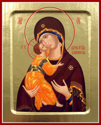 купить - Икона Пресвятой Богородицы, Владимирская (млад. в оранжево-васильковом, взгл. вниз) на дереве: 125 х - фото 1