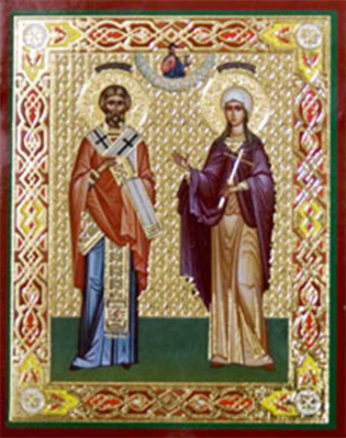купить - Икона на деревянной основе Киприан и Иустина, свщмч. и мц. 8х6 с тиснением золотой фольгой, в упаков - фото 1
